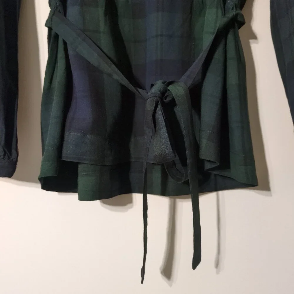 J Crew Mercantile Womens Sz 4 Faux Wrap Blouse Green Plaid Long Sleeve Viscose - Picture 4 of 7